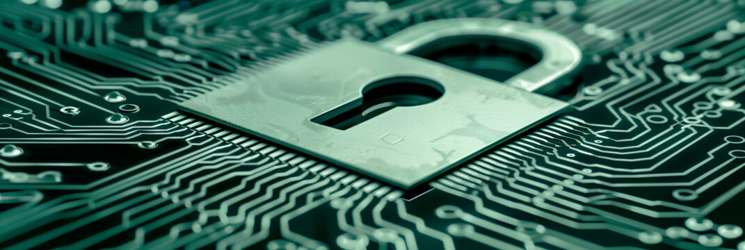A metallic padlock rests on a circuit board, illustrating the concept of cybersecurity and data protection.