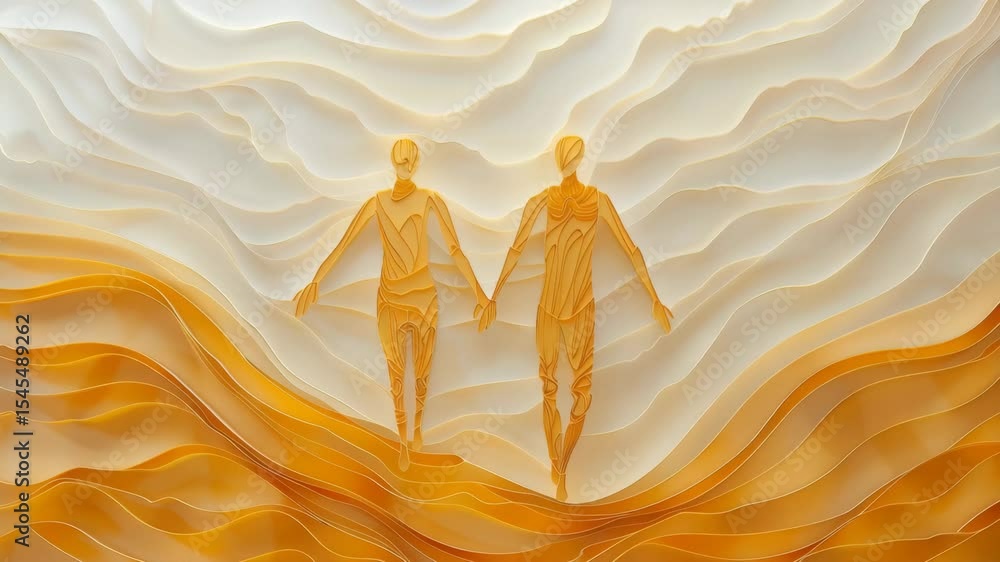 Poster creating a vibrant abstract composition with figures embracing in a stylized orange landscape for ar