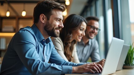 Multiracial group of business colleagues working on laptop at corporate office.

