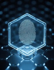 Cybersecurity awareness best practice concepts. A glowing fingerprint inside a transparent hexagonal frame, symbolizing digital security and biometric identification with a futuristic blue background.