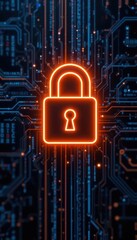 Cybersecurity awareness best practice concepts. A glowing red padlock icon symbolizes cybersecurity on a digital circuit board background.