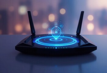 Cybersecurity awareness best practice concepts. A sleek black Wi-Fi router with two antennas displays a glowing holographic security lock and location symbol above it, symbolizing network security.