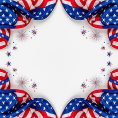 Fototapeta premium A festive border for the 4th of July or Memorial Day, with USA flag ribbons and starbursts on a white background 