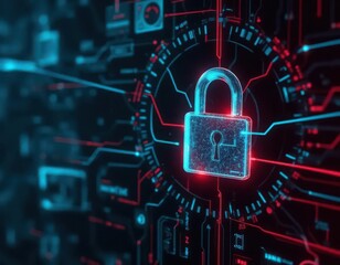 Cybersecurity awareness best practice concepts. A glowing digital padlock symbolizes cybersecurity, data protection, and secure technology in a futuristic, high-tech digital environment.