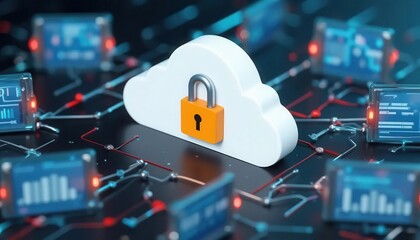 Cybersecurity awareness best practice concepts. A digital cloud security concept showing a cloud with a padlock surrounded by interconnected data screens and nodes in a futuristic network.