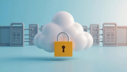 Cybersecurity awareness best practice concepts. A cloud with a yellow padlock symbolizes secure cloud storage, connected via cables to multiple servers in a digital environment.