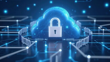 Cybersecurity awareness best practice concepts. A glowing digital cloud secured by a padlock, symbolizing cloud data protection and cybersecurity in a connected network.