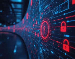 Cybersecurity awareness best practice concepts. A futuristic digital wall displaying cybersecurity icons, data lines, and a glowing red padlock symbolizing digital protection and data security.