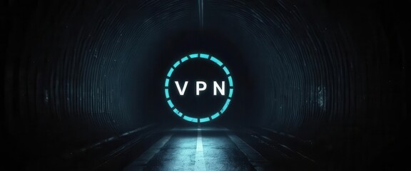 Cybersecurity awareness best practice concepts. A glowing VPN logo is centered inside a dark tunnel with textured walls, symbolizing secure internet connection and data protection.