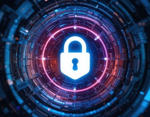 Cybersecurity awareness best practice concepts. A glowing lock icon symbolizes digital security within a futuristic circular interface of blue and purple circuits.