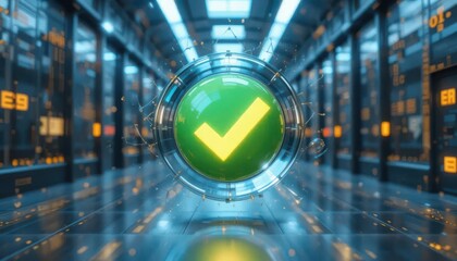 Cybersecurity awareness best practice concepts. A glowing green checkmark icon floats in a futuristic digital server room, symbolizing cybersecurity, data verification, and system integrity.
