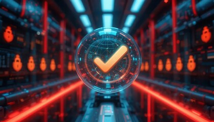 Cybersecurity awareness best practice concepts. A futuristic digital checkmark symbol floats in a glowing, high-tech data center corridor with neon blue and red lighting.