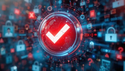 Cybersecurity awareness best practice concepts. A glowing red checkmark icon surrounded by digital locks and data symbols, representing cybersecurity and data protection in a virtual environment.