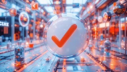 Cybersecurity awareness best practice concepts. A futuristic digital environment featuring a glowing checkmark symbol in a transparent sphere surrounded by technology and data elements.