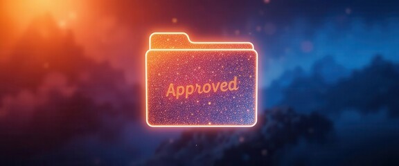 Cybersecurity awareness best practice concepts. A glowing digital folder labeled "Approved" floating against a vibrant, blurred background of warm and cool tones.