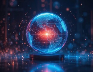 Cybersecurity awareness best practice concepts. A glowing digital globe hologram with a network grid, highlighting the Americas, surrounded by futuristic light and particle effects.