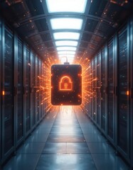 Cybersecurity awareness best practice concepts. A glowing padlock symbol floats in a server room, symbolizing cybersecurity and data protection amid digital networks.