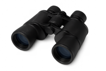 Black binoculars on transparent background, perfect for compositing and design projects related to exploration, observation, and surveillance