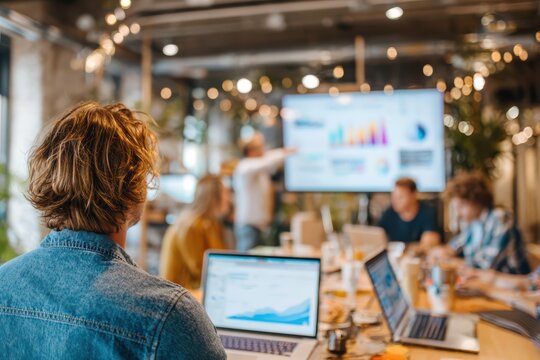 office worker from behind giving presentation to in-person + laptop team - Powered by Adobe
