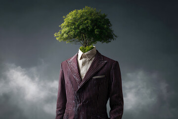 A conceptual image of a tree growing out of a suit against a cloudy sky background in a studio shot