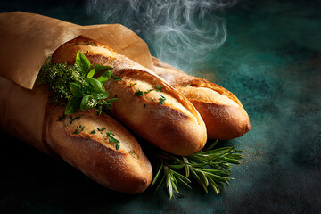 Three baguettes in a paper bag with fresh herbs and steam rising on a dark green textured background