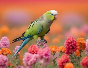 Fototapeta premium A parakeet in a colorful flower field