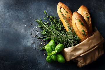 Still life of baguettes with fresh herbs in a paper bag on a dark textured surface top down view