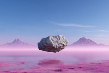 A floating rock over a pink landscape with mountains and a blue sky in the background view outdoors