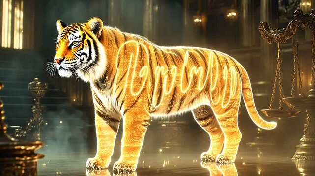 Majestic tiger illuminated by golden script in a regal chamber