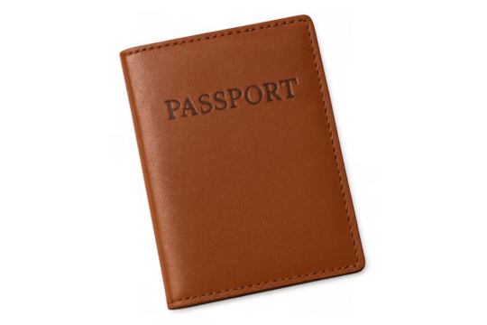 Leather passport spread open, revealing pages against transparent surface, signaling global journeying