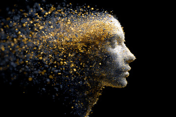 A digital art of a disintegrating human head with gold and grey particles on a black background art