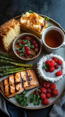 Elegant Plated Meal With Salmon, Asparagus, Dessert, And Bread