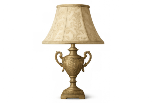 Sophisticated table lamp casting warm light, silver base gleaming against transparent backdrop