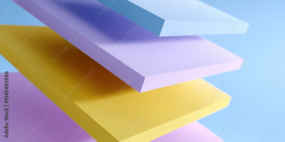 Poster stacked rectangles of blue, yellow, and violet creating a vibrant 3d visual effect in space