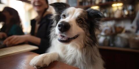 Dog eagerly looking for attention at busy cafe with happy owner in background