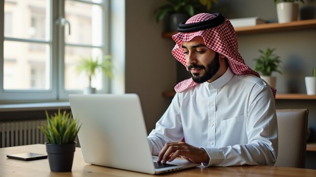 arab saudi man working on laptop computer
