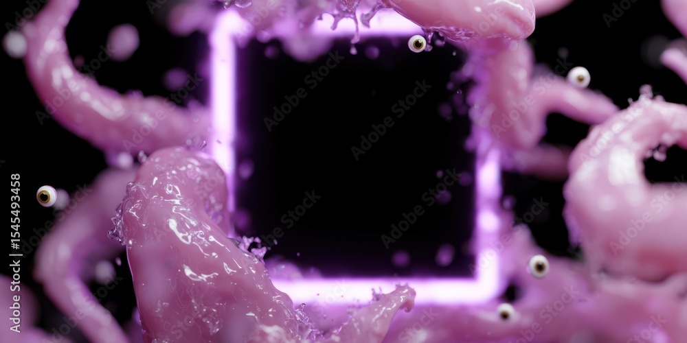 Poster glossy tentacles and floating eyeballs create a vibrant void with swirling particles and slime