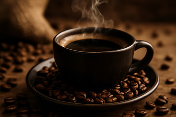 steaming cup of coffee placed on a saucer filled with coffee beans. The cup is dark brown, almost black, and the steam rising from the hot coffee is clearly visible, creating warm, inviting atmosphere