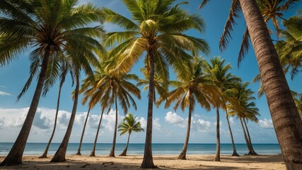 Obraz premium cluster of tall and slender Indonesia palm trees, set against a clear blue sky with a few wispy white clouds, standing majestically along a sandy beach with gentle waves rolling