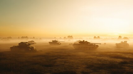 Military tanks positioned across a misty battlefield at sunrise, casting long shadows through the fog. Strategic combat readiness in a tranquil yet tense landscape. War preparation