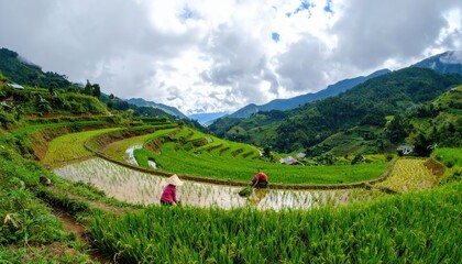 Terraced Rice Paddies With Farmers In Asian Mountains