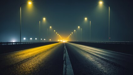 deserted highway at night, with the dark asphalt road stretching into the distance, illuminated by a series of bright, yellow-orange streetlights that cast an eerie glow, creating long shadows