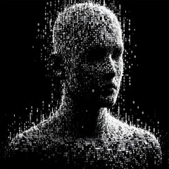 A black and white silhouette of an avatar of a person gathering from digital information flows in the form of a programming language in a virtual space. Vector graphics. EPS.	