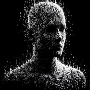 A black and white silhouette of an avatar of a person gathering from digital information flows in the form of a programming language in a virtual space. Vector graphics. EPS.	