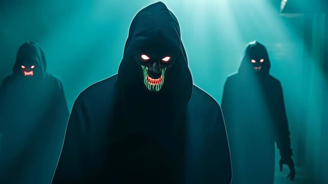 Silhouette Evil, shadowy figures, glowing eyes. Sinister ambiance. Mysterious entities approach silently. Night enshrouds eerie figures. Fear escalates under moonlight.