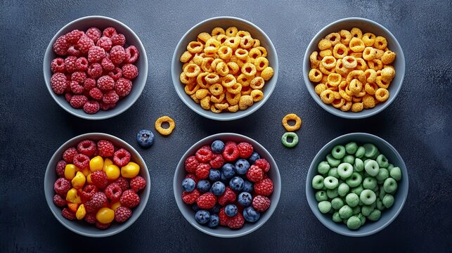 Assorted bowls of colorful breakfast food and berries