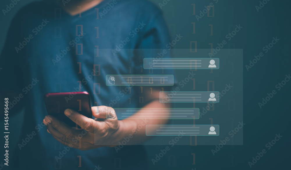 Aufkleber Chat with AI or Artificial Intelligence technology. Futuristic technology transformation. Businessman using smartphone for chatting online with AI or chatbot. Online automation chatbot.