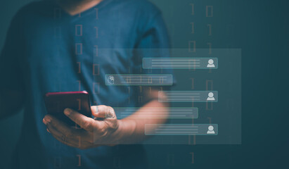 Chat with AI or Artificial Intelligence technology. Futuristic technology transformation. Businessman using smartphone for chatting online with AI or chatbot. Online automation chatbot.