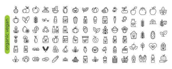 organic vegan outline icons vector illustration set
