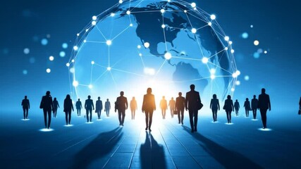 Silhouettes of people walking towards a glowing global network - Powered by Adobe